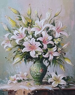 5D Diamond - Boncuk Goblen Kiti (Yapıştırma) 5D Boncuk Mozaik Tablo 30x40 cm Vazodaki Zambaklar