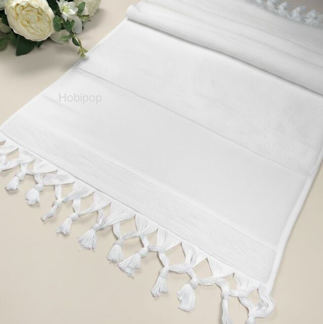 İşlemelik Etaminli Bağlamalı Saçaklı Havlu Bukle 50x90 Beyaz