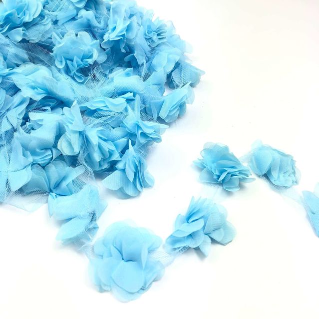 Lazer Kesim Şifon Çiçek Mavi