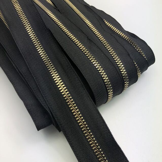 Metrelik Metal Görünümlü Gold Dişli Çanta Fermuarı Siyah