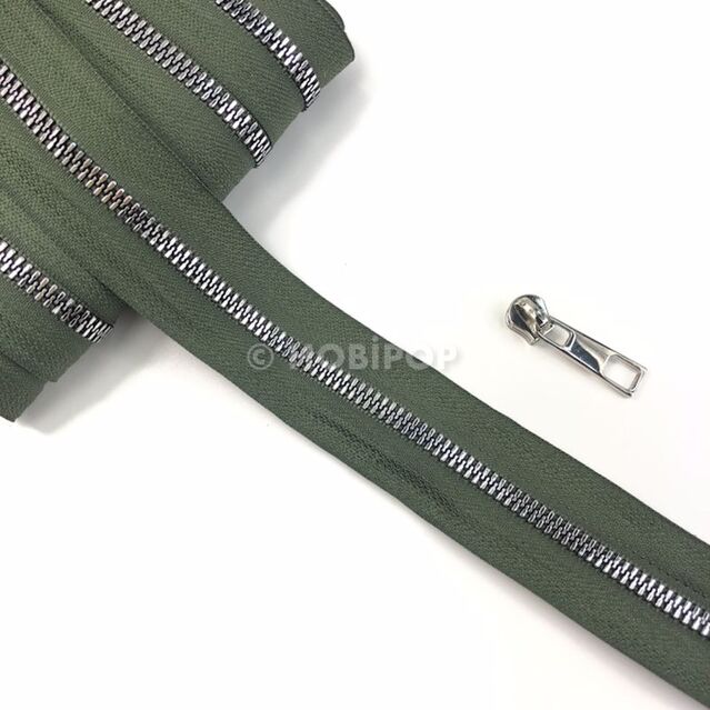 Metrelik Metal Görünümlü Gümüş Dişli Çanta Fermuarı Haki Yeşil