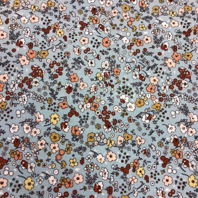Mine Çiçekleri Desenli Mavi Poplin Pamuklu Kumaş Astarlık 50x120 cm