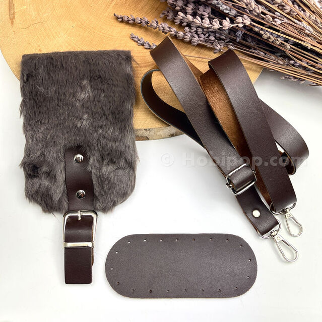 Mini Peluş Kürk Kapaklı Çanta Seti Kahverengi
