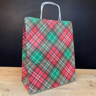 HOBİPOP - Orta Boy 25x12x31 cm Kırmızı Yeşil Kareli Karton Çanta Hediye Poşeti 5 Adet