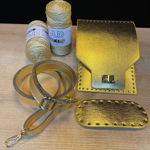 Parlak Rugan Çanta Set Simli Polyester İp Gold