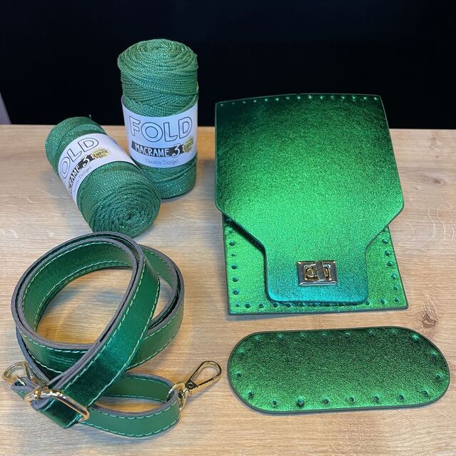 Parlak Rugan Çanta Set Simli Polyester İp Yeşil