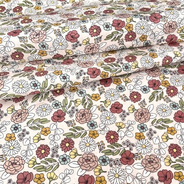 Pudra Zemin Neşeli Çiçekler Poplin Pamuklu Kumaş 50x120 cm
