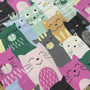 HOBİPOP - Renkli Kedili Desenli Poplin Pamuklu Kumaş Astarlık 50x120 cm